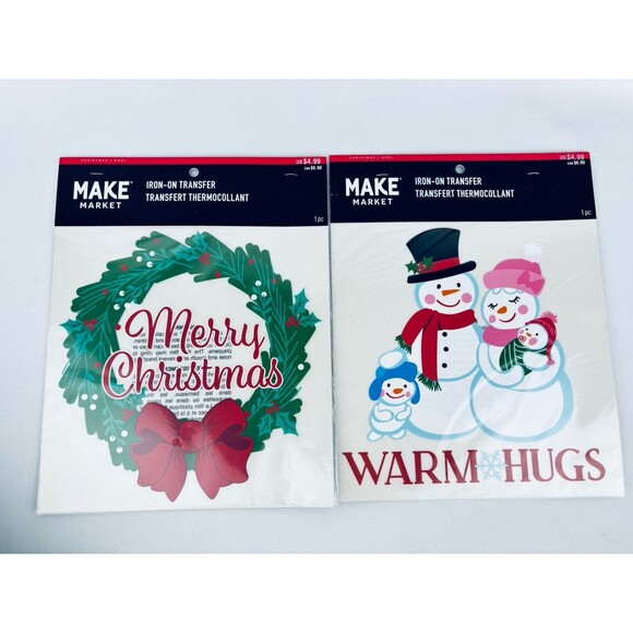 Lot 2 Christmas Iron-on Transfers -Snowman‎ & Wreath - DIY Crafts - Hugs Merry - Picture 1 of 10